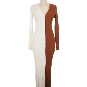STAUD Long Sleeve Knit Dress in Cream and Brown Sz L